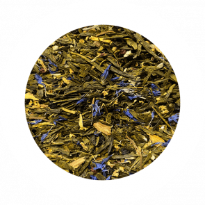 Ett grönt klassiskt sencha te med smak av fläder, lakrits, ringblomma, kokos, krusbär.