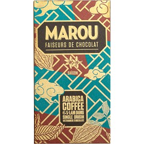 Arabica 64% från Marou är en prisbelönt mörk kaffechoklad gjord på utsökt Trintariokakao, rörsocker och Arabicakaffe med 64% kak