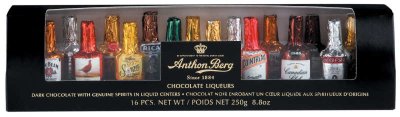 Zoom bild av Anthon Bergs delikata chokladflaskor fyllda med ett urval av varierande kända spritsorter. Perfekt gåva, dela med någon eller ti