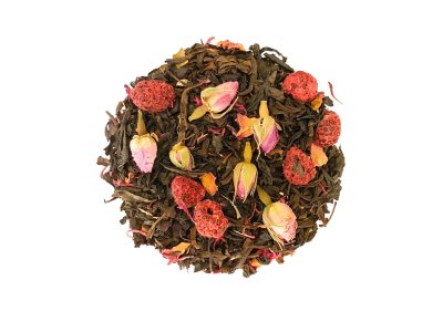 Zoom bild av Ett oolong te med smak av ros, hallon och rödklint.