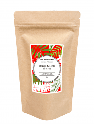 Zoom bild av Rooibos i en smidig naturfärgad förpackning med smak av Mango och Lime.